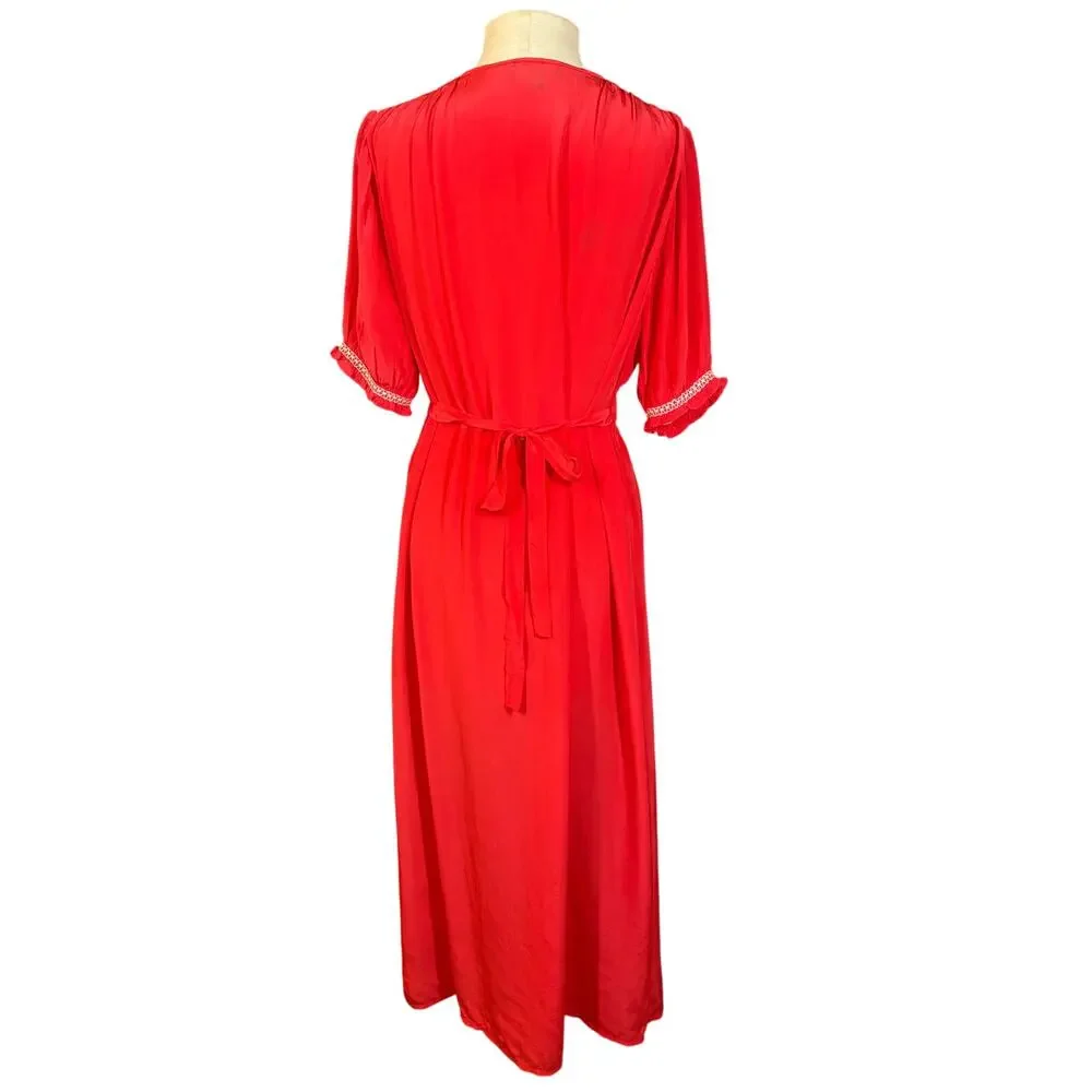 J.CREW 2025 Smocked Trim Midi Dress Crepe de Chine Red 8 M Peasant Boho Feminine